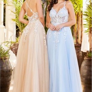 Elegant Lace Evening Gown in Blue and Cream